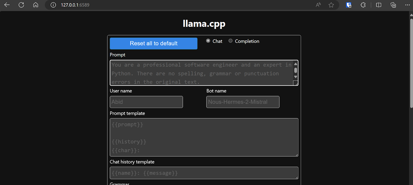 llama.cpp web app running in the browser