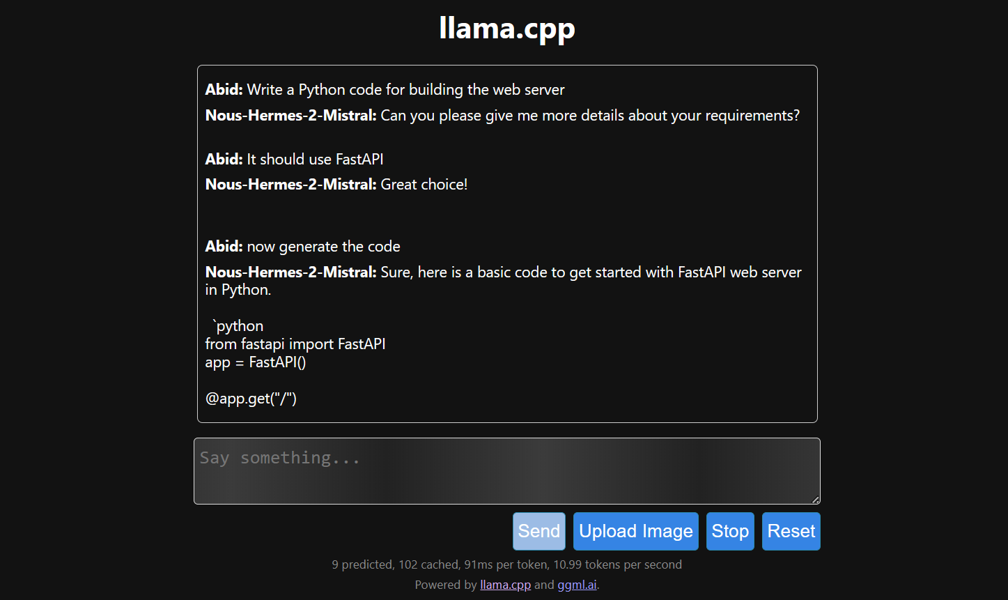 using the llama.cpp web application