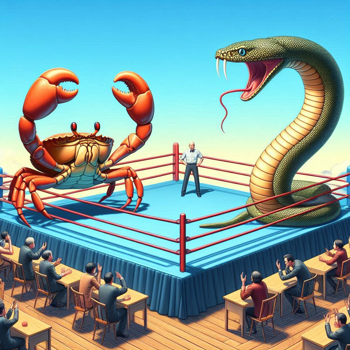 AI generated image of a Python and a Crab in a boxing ring - courtesy of DALL-E.