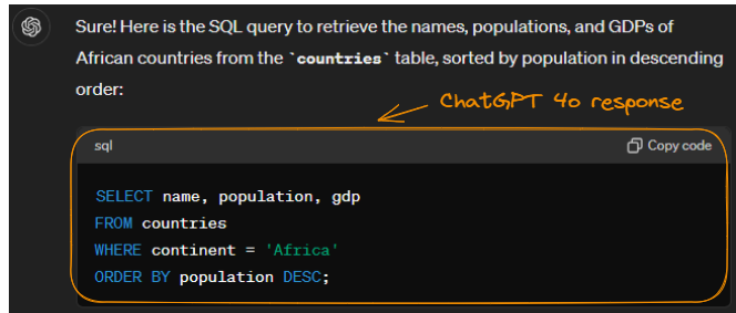 Exemplo de geração de SQL com o ChatGPT-4o.