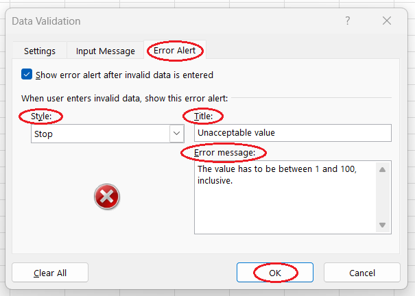 How to set an error message for data validation in Excel.
