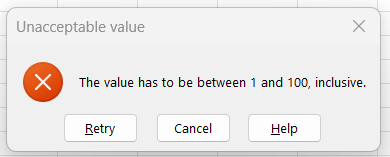 What an error message of the Stop style looks like when entering an invalid value in Excel.
