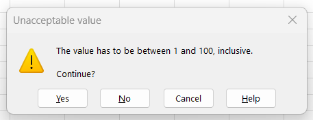 What an error message of the Warning style looks like when entering an invalid value in Excel.