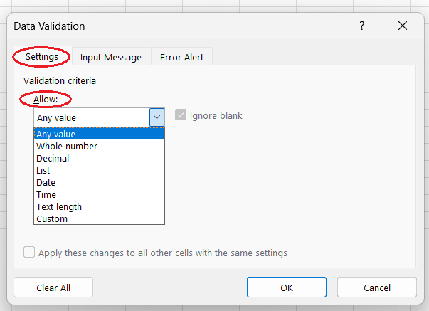 How to select the necessary method for data validation in Excel.