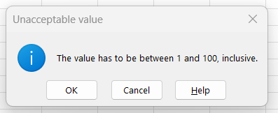 What an error message of the Information style looks like when entering an invalid value in Excel.