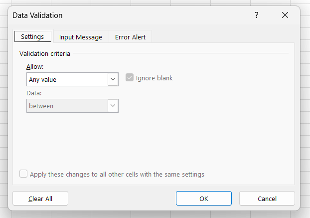 What the Data Validation pop-up window in Excel looks like.