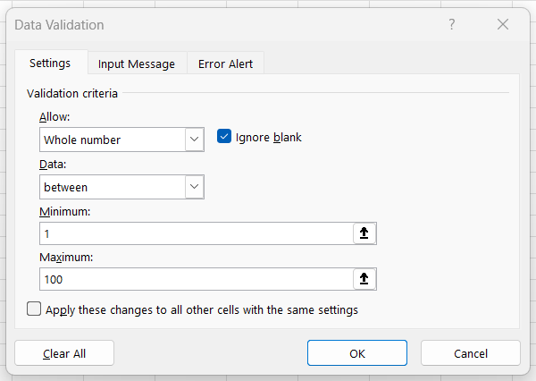 How to set data validation for the selected Excel cells.