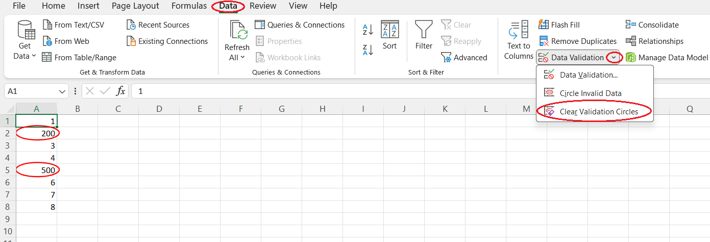 How to remove validation circles from invalid data in Excel.