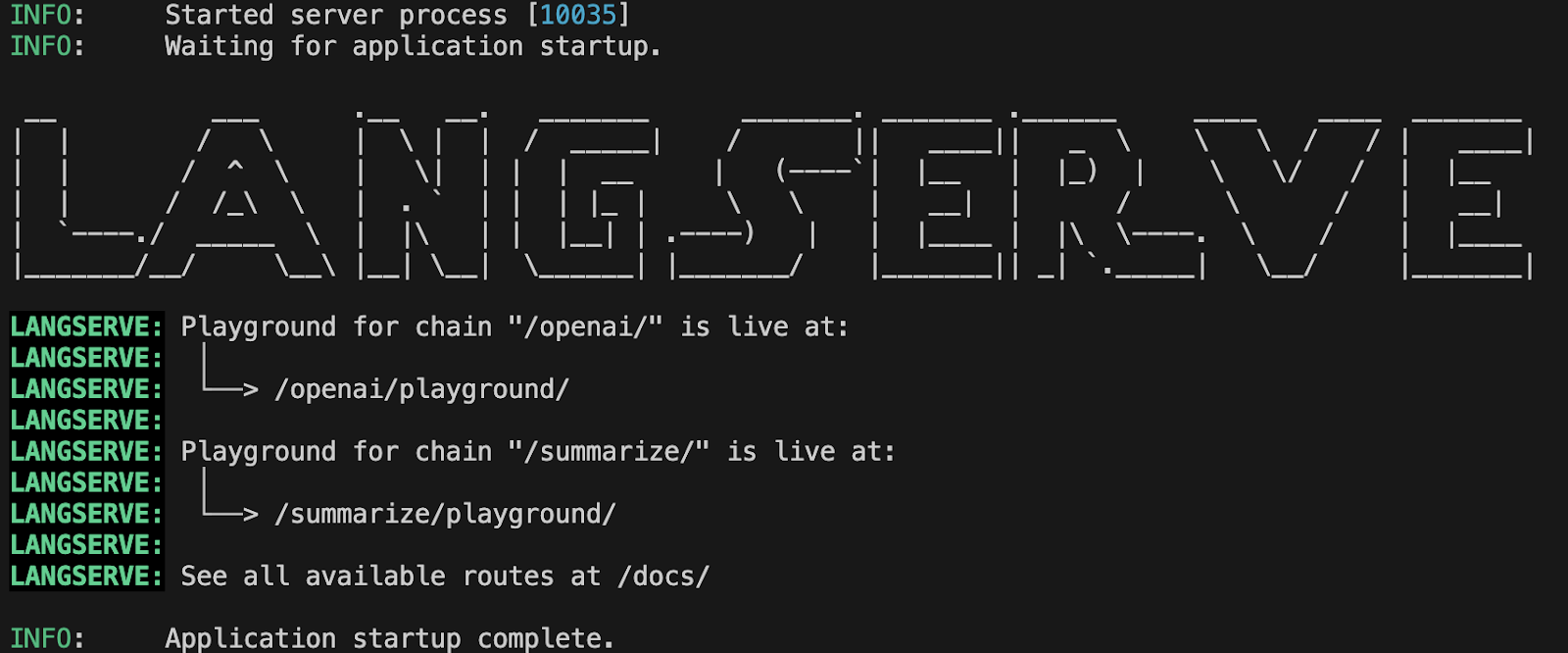 Terminal output showing successful startup of the LangServe application